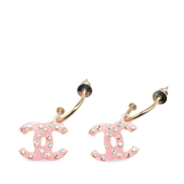 Pre-owned Chanel Gold Plated CC Acrylic Rhinestone Drop Push Back Earrings Pink