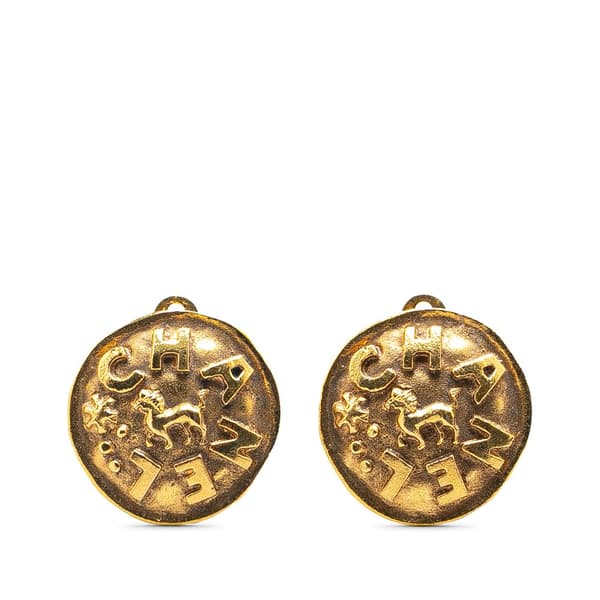 Pre-owned Chanel Gold Plated Logo and Lion Clip On Earrings Gold