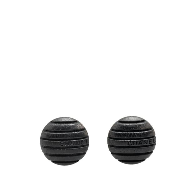 Pre-owned Chanel Wood Logo Button Push Back Earrings Black