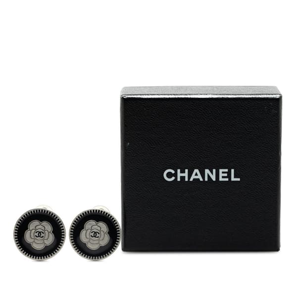 Pre-owned Chanel Silver Plated Enamel CC Camellia Clip On Earrings Black