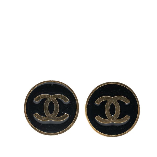 Pre-owned Chanel Gold Plated Enamel CC Clip On Earrings Black