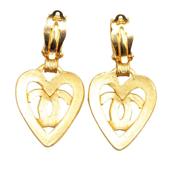 Pre-owned Chanel Gold Plated CC Heart Drop Clip On Earrings Gold