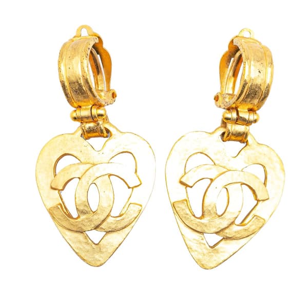 Pre-owned Chanel Gold Plated CC Heart Drop Clip On Earrings Gold
