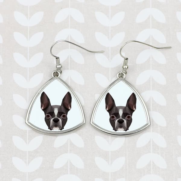 Boston Terrier, Boston Bull Terrier - örhängen med ett foto och inskriptionen av en geometrisk Art-Dog-hund