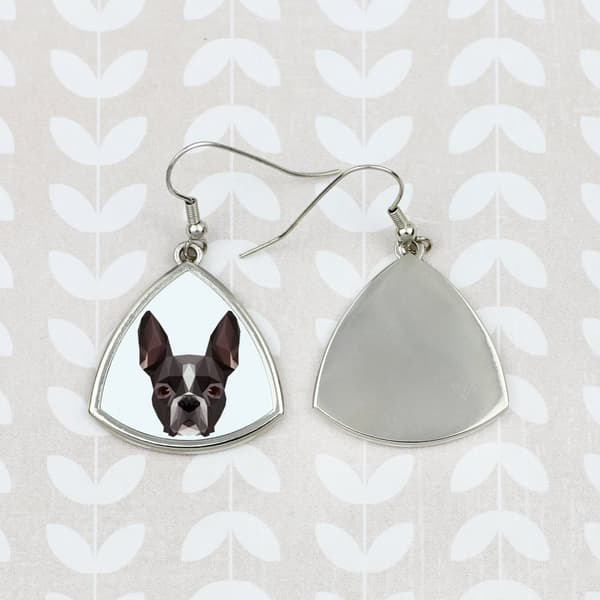 Boston Terrier, Boston Bull Terrier - örhängen med ett foto och inskriptionen av en geometrisk Art-Dog-hund