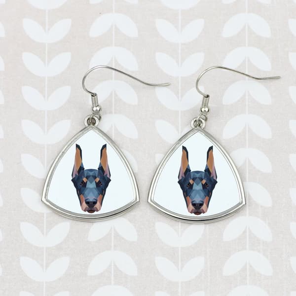 Doberman, Dobermann I - örhängen med ett foto och inskriptionen av en geometrisk Art-Dog-hund