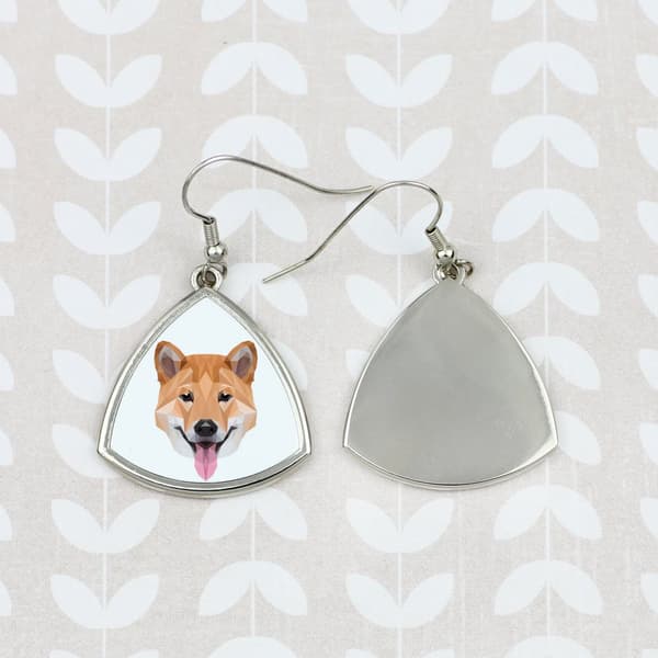 Shiba Inu - øreringe med et foto og inskriptionen af en geometrisk Art-Dog-hund