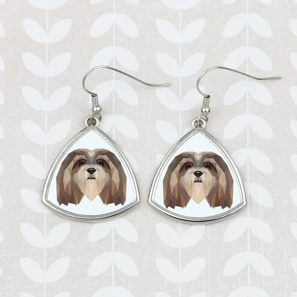 Lhasa Apso - örhängen med ett foto och en inskription av en geometrisk Art-Dog-hund
