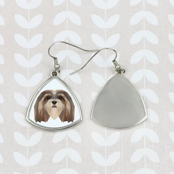 Lhasa Apso - örhängen med ett foto och en inskription av en geometrisk Art-Dog-hund