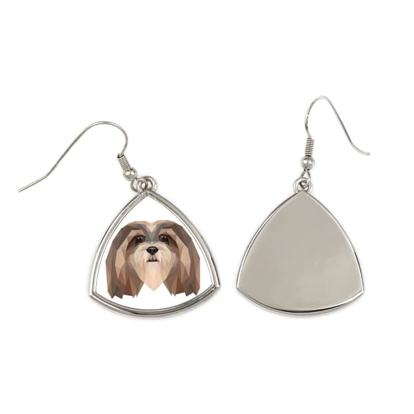Lhasa Apso - örhängen med ett foto och en inskription av en geometrisk Art-Dog-hund