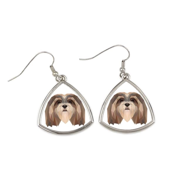 Lhasa Apso - örhängen med ett foto och en inskription av en geometrisk Art-Dog-hund