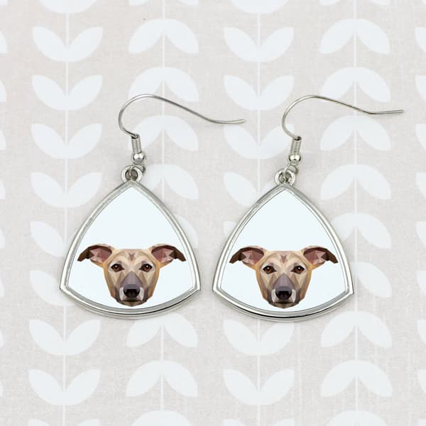 Whippet, engelsk Greyhound - øreringe med et foto og en inskription af en geometrisk Art-Dog hund
