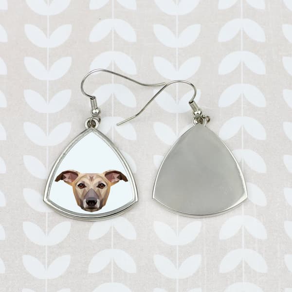Whippet, engelsk Greyhound - øreringe med et foto og en inskription af en geometrisk Art-Dog hund