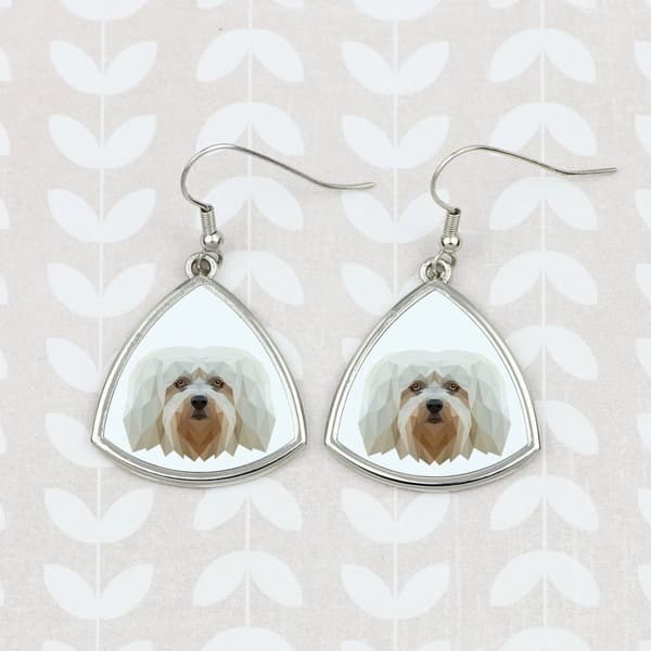 Havanese, Havanese - örhängen med ett foto och en inskription av en geometrisk konsthundhund
