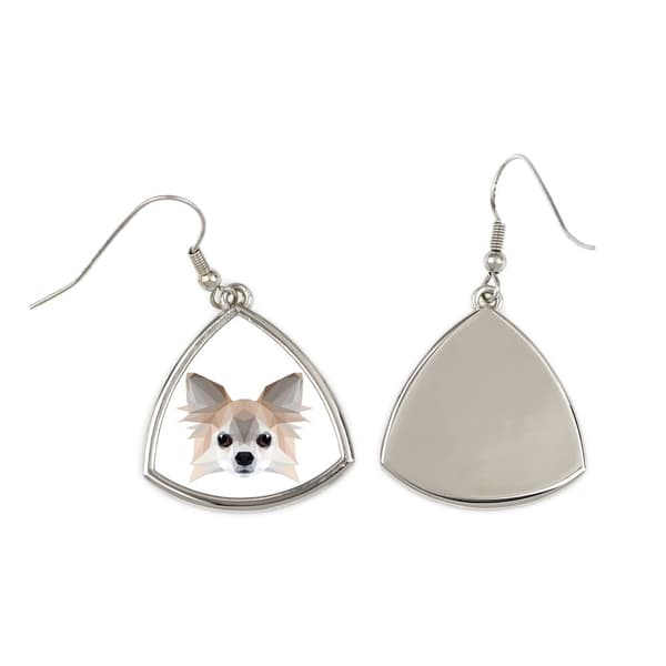 Långhårig Chihuahua - örhängen med ett foto och inskriptionen av en geometrisk Art-Dog-hund