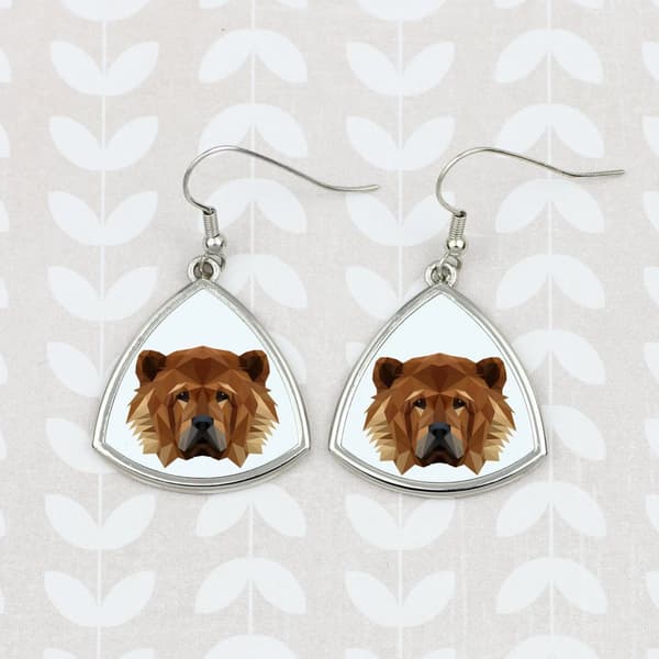 Chow Chow - korvakorut, joissa on valokuva ja merkintä geometrisestä Art-Dog-koirasta