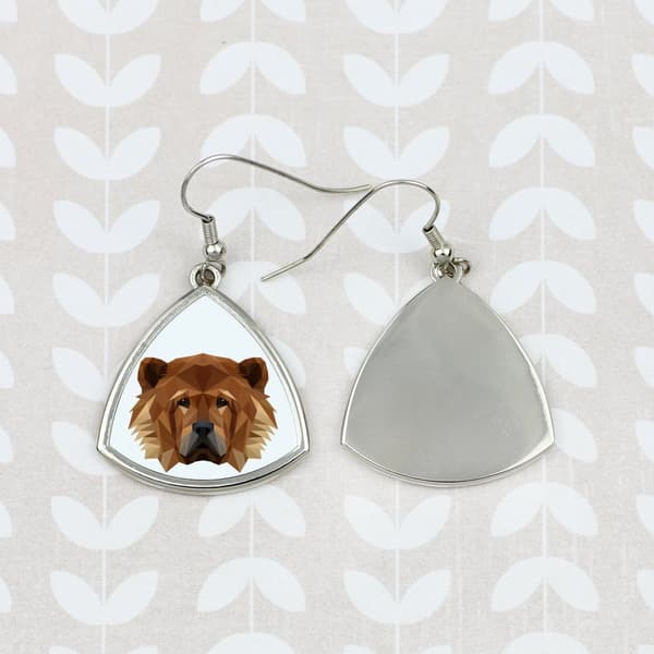 Chow Chow - korvakorut, joissa on valokuva ja merkintä geometrisestä Art-Dog-koirasta