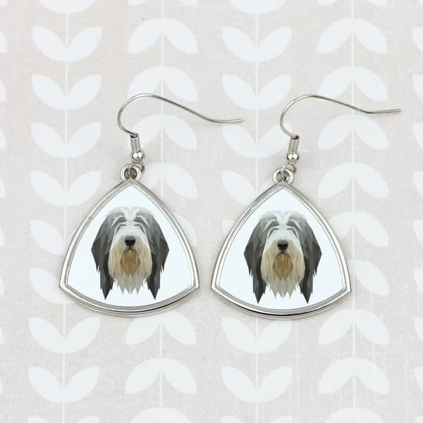 Bearded Collie, Highland Collie - örhängen med ett foto och inskriptionen av en geometrisk Art-Dog-hund