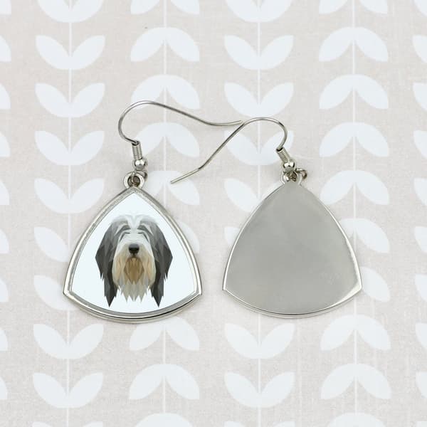 Bearded Collie, Highland Collie - örhängen med ett foto och inskriptionen av en geometrisk Art-Dog-hund