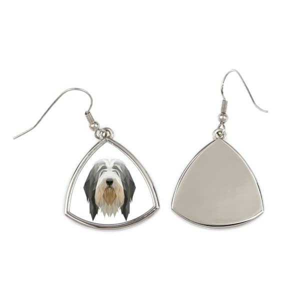 Bearded Collie, Highland Collie - örhängen med ett foto och inskriptionen av en geometrisk Art-Dog-hund