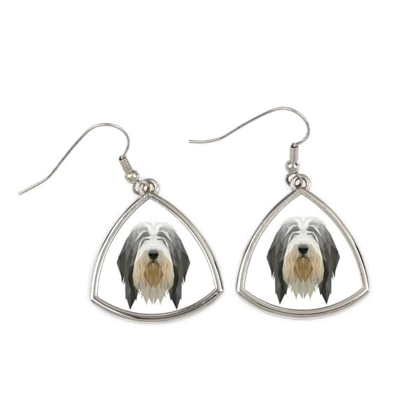 Bearded Collie, Highland Collie - örhängen med ett foto och inskriptionen av en geometrisk Art-Dog-hund