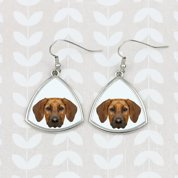 Rhodesian Ridgeback, afrikkalainen leijonakoira - korvakorut valokuvalla ja kirjoituksella geometrinen koira Art-Dog