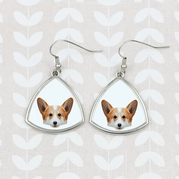 Pembroke Welsh Corgi - korvakorut, joissa on valokuva ja merkintä geometrisesta Art-Dog -koirasta