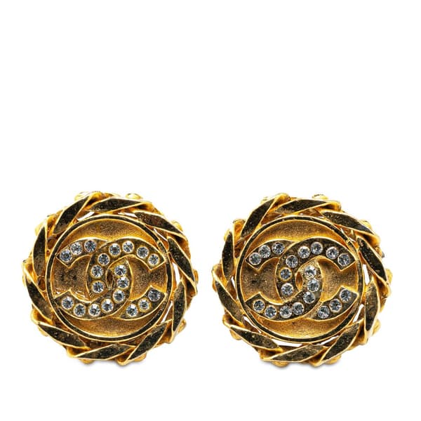 Pre-owned Chanel Gold Plated Rhinestone CC Clip On Earrings Gold
