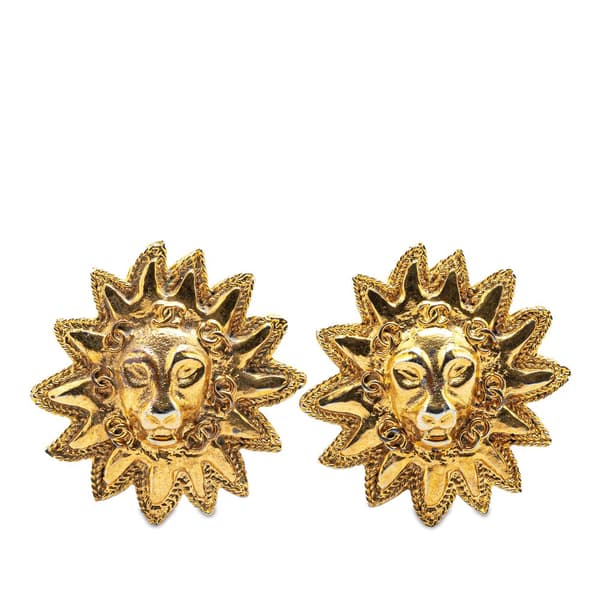 Pre-owned Chanel Gold Plated Lion Motif Clip On Earrings Gold