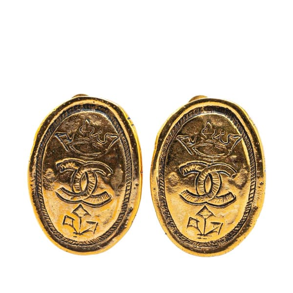 Pre-owned Chanel Gold Plated CC Crown Clip On Earrings Gold