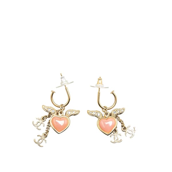 Pre-owned Chanel Gold Plated Heart Crystal Wings Hoop Push Back Earrings Gold