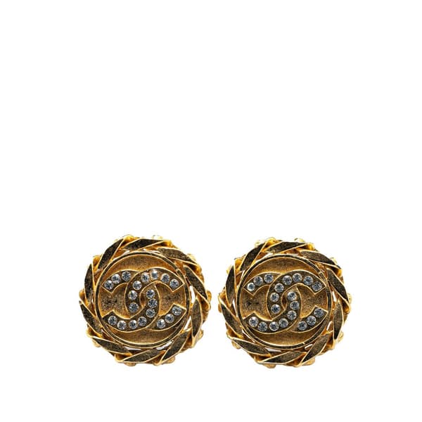 Pre-owned Chanel Gold Plated Rhinestone CC Clip On Earrings Gold