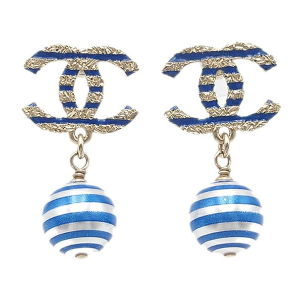Pre-owned Chanel Striped Faux Pearl CC Drop Earrings Silver