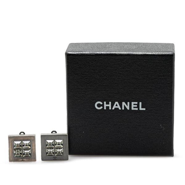 Pre-owned Chanel Silver Plated Square Crystal Clip On Earrings Silver