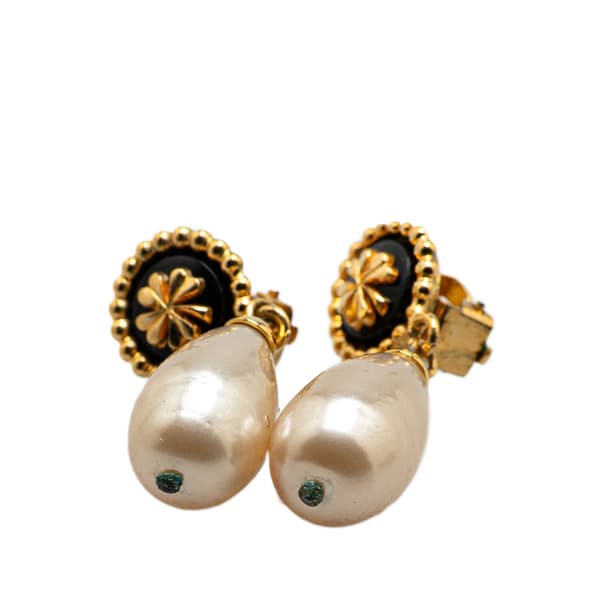 Pre-owned Chanel Gold Plated Clover Faux Pearl Dangling Clip on Earrings Gold