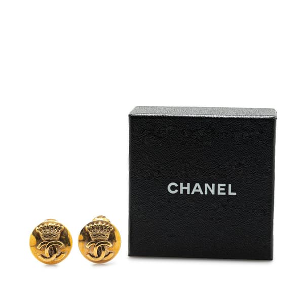 Pre-owned Chanel Gold Plated CC Crown Clip On Earrings Gold