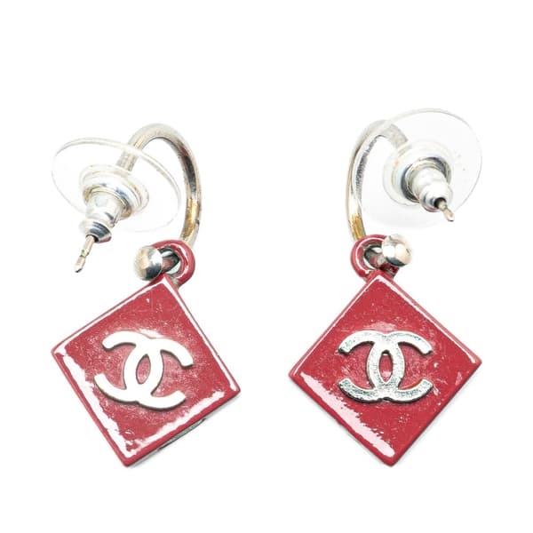 Pre-owned Chanel Resin CC Hoop Push Back Earrings Red