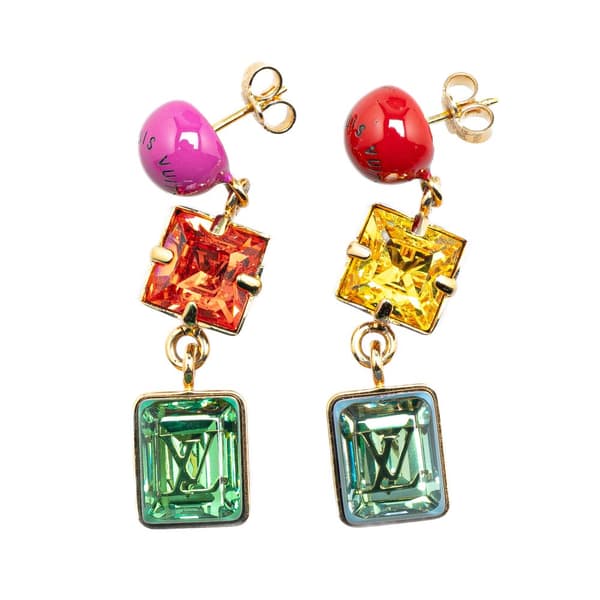 Pre-owned Louis Vuitton Resin & Crystal Cosmopolitan Drop Push Back Earrings Gold