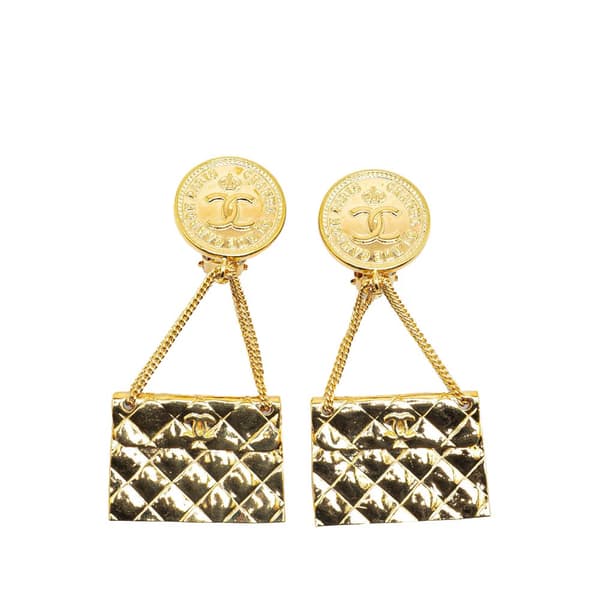 Pre-owned Chanel CC Gold Plated Flap Bag Drop Clip On Earrings Gold