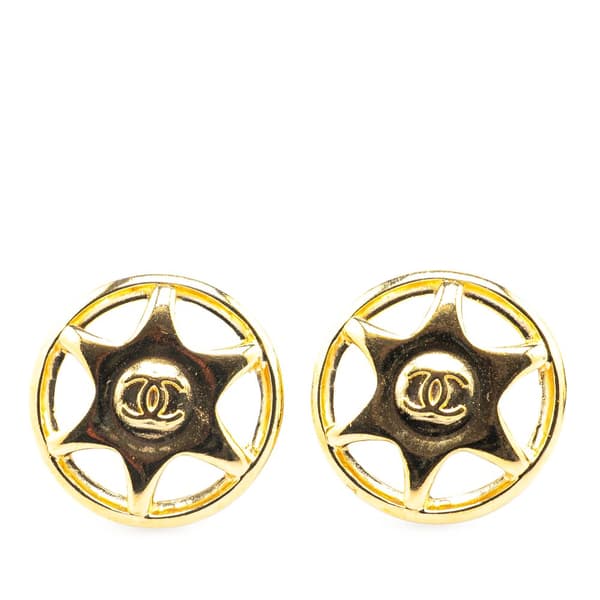 Pre-owned Chanel Gold Plated CC Round Star Clip On Earrings Gold