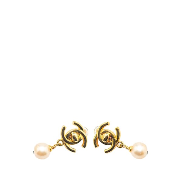 Pre-owned Chanel Gold Plated CC Turnlock Faux Pearl Drop Clip on Earrings Gold