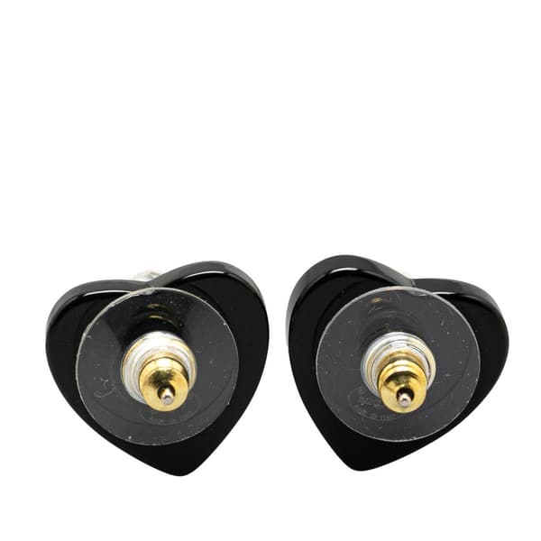 Pre-owned Chanel Resin Rhinestone CC Heart Push Back Earrings Black