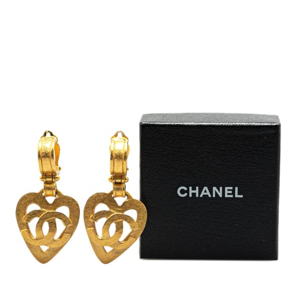 Pre-owned Chanel Gold Plated CC Heart Drop Clip On Earrings Gold