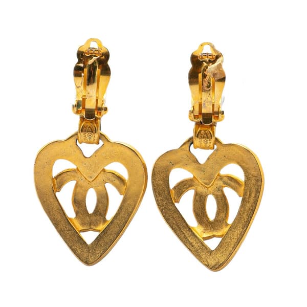 Pre-owned Chanel Gold Plated CC Heart Drop Clip On Earrings Gold