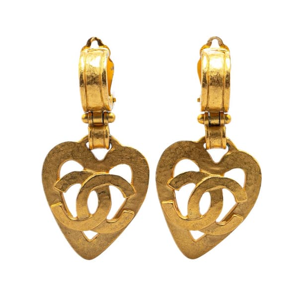 Pre-owned Chanel Gold Plated CC Heart Drop Clip On Earrings Gold