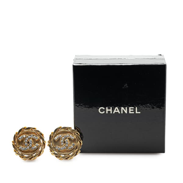 Pre-owned Chanel Gold Plated Rhinestone CC Clip On Earrings Gold