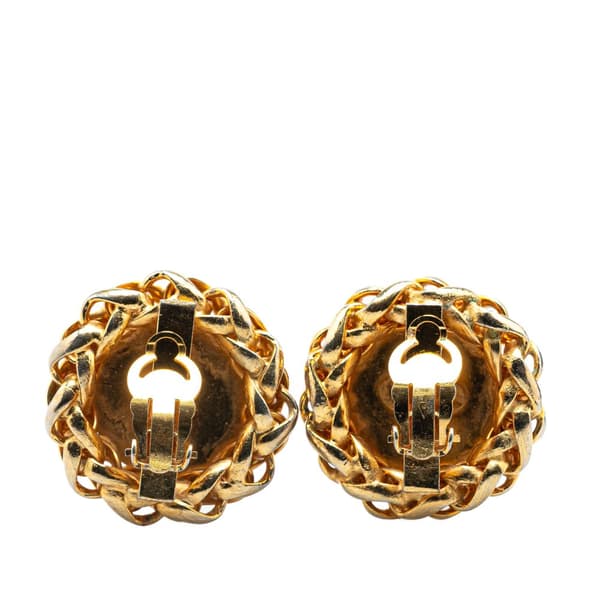 Pre-owned Chanel Gold Plated CC Wheat Medallion Clip On Earrings Gold