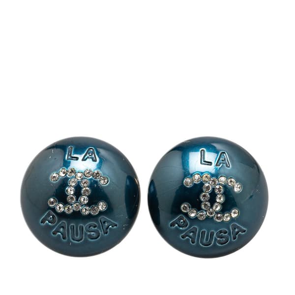 Pre-owned Chanel Resin CC La Pausa CC Crystal Push Back Earrings Blue