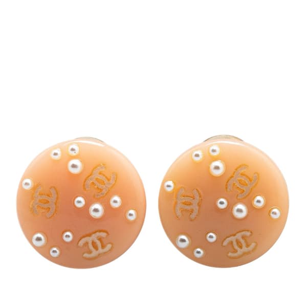Pre-owned Chanel Resin CC Faux Pearl Clip On Earrings Brown