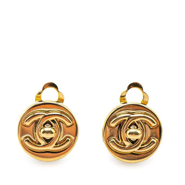 Pre-owned Chanel Gold Plated Mini CC Turnlock Round Clip On Earrings Gold
